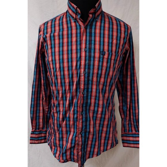 Wrangler Performance Mens Medium Red blue Stripe Long Sleeve Button Logo Shirt - Picture 1 of 11